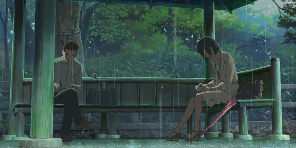 Momen Takao dan Yukari di Taman Takao dan Yukari di taman dalam film The Garden of Words