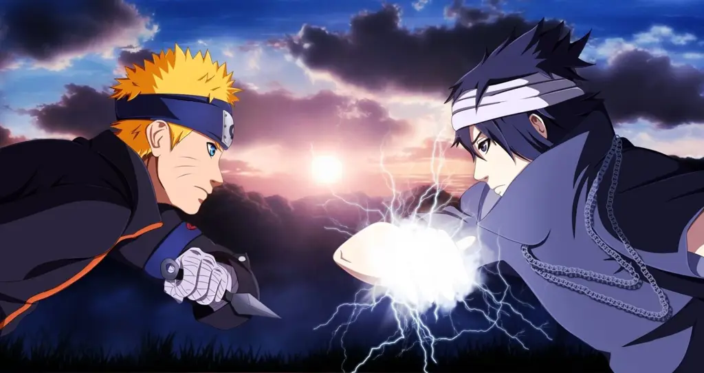 Pertarungan epik Naruto dan Sasuke Gambar Naruto dan Sasuke sedang bertarung